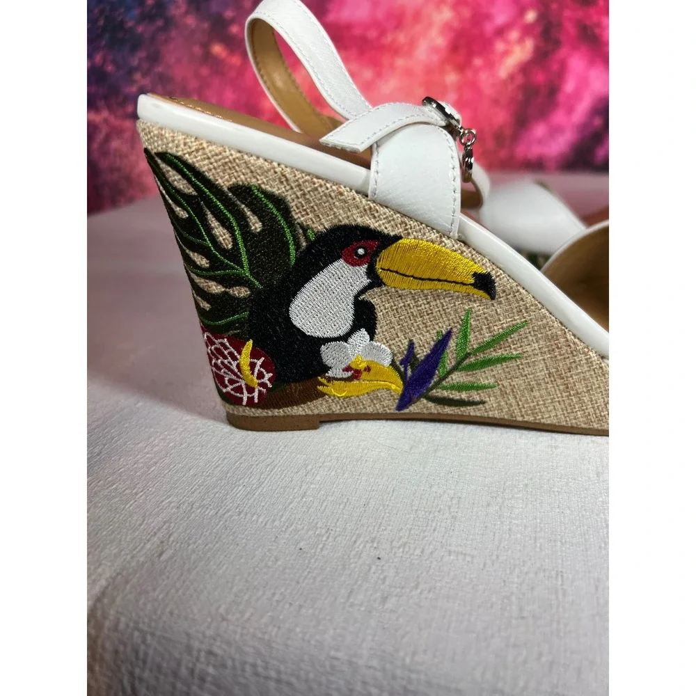 J. Renee White Leather Tropical Toucan Embroidered Wedge Sandals Mens 9M